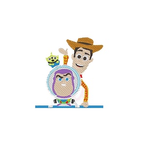 Peut inclure: Motif brodé représentant des personnages du film d'animation Toy Story. Woody, avec un chapeau de cow-boy et un gilet, se tient derrière Buzz l'Éclair dans son casque spatial. Un petit extraterrestre vert est également inclus.