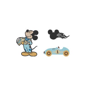 May include: Mickey Mouse dressed as a race car driver holding a gold trophy. He is standing next to a blue race car with the number 1 on it. There is also a black and white image of Mickey Mouse's head with a checkered flag.