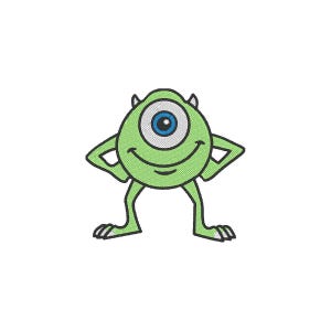 Peut inclure: Écusson brodé représentant un monstre de dessin animé vert à un œil, avec un grand œil bleu, de petites cornes et un large sourire. Le monstre a les mains sur les hanches et se tient sur deux jambes. Fond blanc.