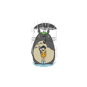 May include: Embroidered design featuring Totoro, a large gray forest spirit, holding a black umbrella over two children in the rain. The children are wearing yellow and blue clothing. The design is on a white background.