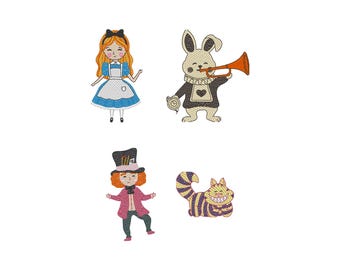 Pakket met schattig op Alice Wonderland geïnspireerd borduurontwerp - borduurring 4 x 4