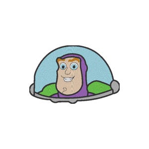 May include: A cartoon illustration of Buzz Lightyear from the Toy Story franchise. He is wearing his signature purple space ranger suit and is smiling. He is in a spaceship with a blue and white background.