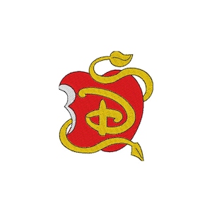 May include: A red apple with a bite taken out of it, with a gold vine and a stylized gold letter D inside.