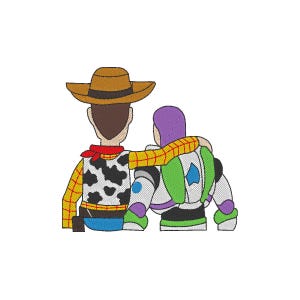 Könnte beinhalten: Ein gesticktes Design mit zwei Zeichentrickfiguren, Woody und Buzz Lightyear, aus dem Toy Story-Franchise. Woody, mit Cowboyhut und Weste, hat den Arm um Buzz, der einen Raumanzug trägt. Das Bild ist vor weißem Hintergrund.