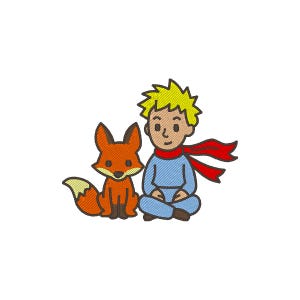 May include: Embroidered design featuring a seated boy with yellow hair, a red scarf, and blue clothing, alongside a friendly orange fox. The design is on a white background.