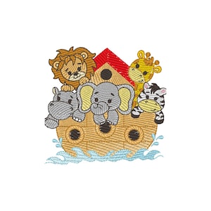 May include: A brown ark with a red roof and a window.  A lion, elephant, giraffe, and zebra are on the ark.  The ark is floating on blue water.