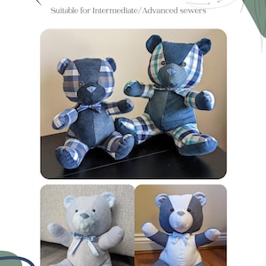 Könnte beinhalten: Memory Bear PDF-Muster von Bonnie Clo. Das Bild zeigt vier handgefertigte Teddybären. Zwei Bären sind aus blauem Denim mit Karomustern und Fliegen. Die anderen beiden sind grau und weiß mit blauen Fliegen. Geeignet für fortgeschrittene Näher.