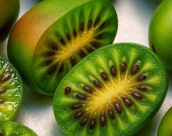 May include: Close-up of several kiwi fruits, some halved to reveal the interior. The kiwi has a vibrant green flesh with small, dark seeds and a yellow center. The skin is a smooth, light green with a hint of brown.
