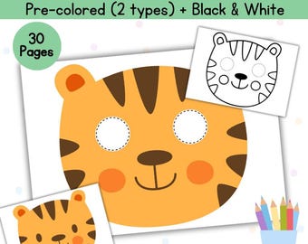 Máscaras de animales imprimibles para niños / Manualidades para hacer tú mismo: colorear y recortar (descarga digital)