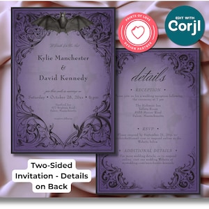 Vintage Bat Until Death Purple Halloween Wedding Gothic Two-Sided Invitation with Details Template Digital Download