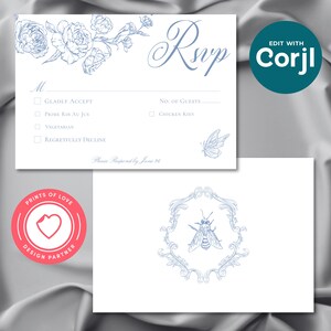 Elegant Blue Regal Chinoiserie Line Art Floral Wedding Dinner Response RSVP Template Digital Download