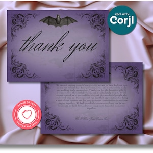 Vintage Bat Until Death Purple Halloween Wedding Gothic Thank You Card Template Digital Download