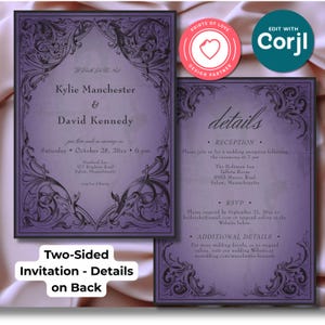 Vintage Until Death Purple Halloween Wedding Gothic Two-Sided Invitation with Details Template Digital Download