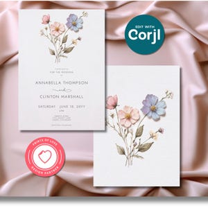 Modern Pastel Pressed Wildflowers Wedding Invitation Romantic Minimal Floral Template Digital Download