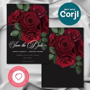 Editable Elegant Moody Blood Red Roses Save the Date Card Wedding Invitation Template Digital Download