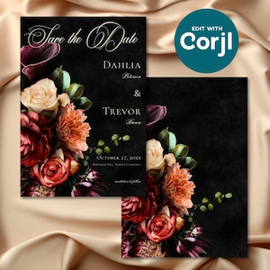 Elegant Black Autumn Floral Script Wedding Save the Date Editable Template Digital Download