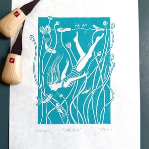 Petit Plongeur - linogravure artisanale, édition limitée à 30 exemplaires, monde sous-marin, décoration pour chambre d'enfant, 24 x 32 cm