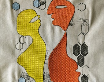 Couple conversations - Embroidery wall art, naive drawing & geometry embroidery, abstract room decor, textile decor
