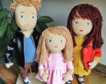 Look-alike Family Portrait made from picture, selfie family dolls, 3 replica dolls, custom dolls from photo