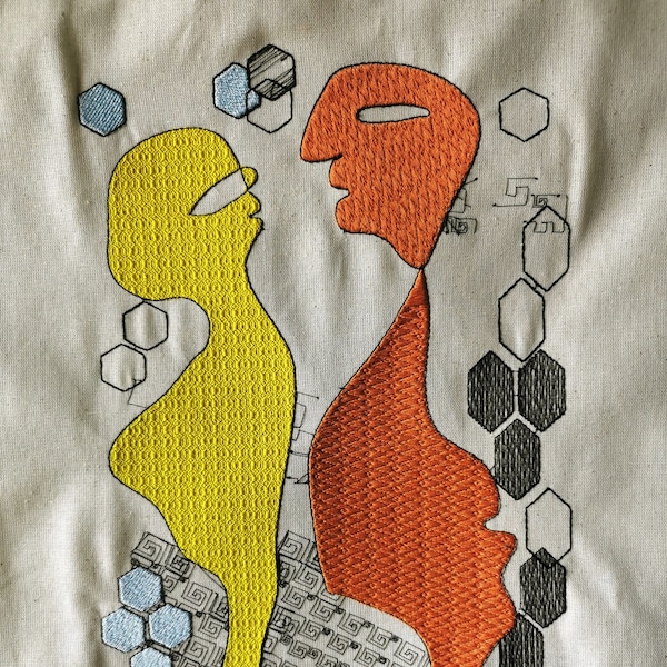 Conversations de couple - Broderie murale, dessin naïf et broderie géométrique, décoration de chambre abstraite, décoration textile