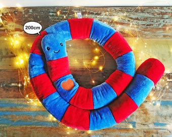 Giant cuddling worm with heart tattoo embroidery on his chest, fun gift with Love message, blue red orange, 200cm