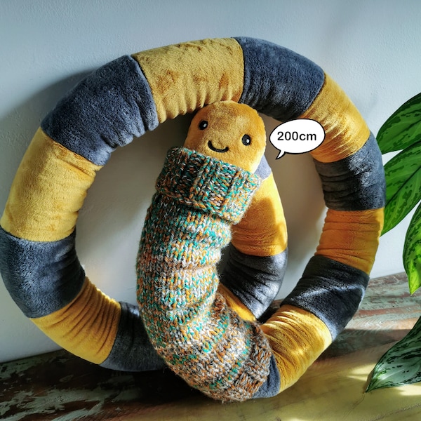 Giant Cuddling Worm Plush with knitted turtleneck, fun fantasy creature, extra long plush worm in Mustard/ Grey /Green, 200cm