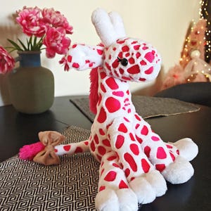 Pink giraffe plush, embroidered custom giraffe toy in white plush and bright pink embroidery spots, weighted beads giraffe calf plush