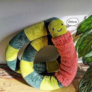 Giant EarthWorm Plush with knitted turtleneck, funny fantasy odd critter, fun home decor buddy, Green Candy Wormie gives giant hugs, 200cm