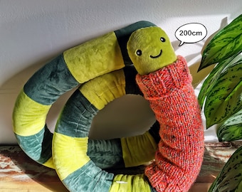 Giant EarthWorm Plush with knitted turtleneck, funny fantasy odd critter, fun home decor buddy, Green Candy Wormie gives giant hugs, 200cm