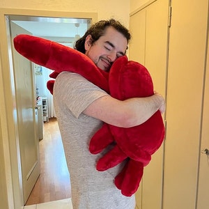 May include: A large, plush red crab toy is being hugged. The crab has multiple legs and claws, and is made of a soft, velvety material. The toy is a vibrant shade of red.