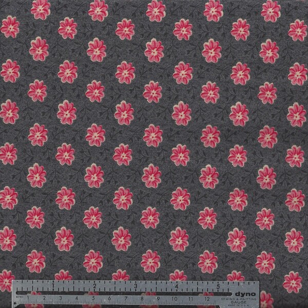 1 YARD - Red Flowers on Black - Cotton Fabric - pre-washed - by the yard