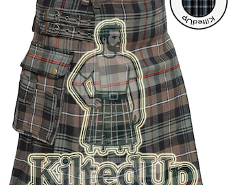 May include: A plaid kilt in shades of brown, green, and gray with red accent stripes. The kilt features a pocket, buckle details, and the text "KiltedUp". A circular logo with plaid pattern is also visible.