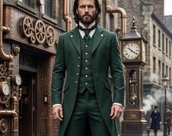 Men's Victorian Steampunk Coat, Gothic Long Tailcoat, 3 Color Options