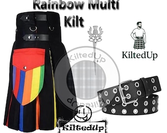 Rainbow Pride Kilt für Männer – Schottenkaro Festival Kilt mit Gürtel & Anstecknadel