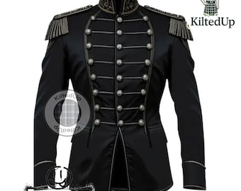 May include: Black military-style jacket with silver-colored buttons and trim. The jacket features epaulettes with fringe and a high collar with decorative embroidery. The brand name "KiltedUp" is visible in multiple places.