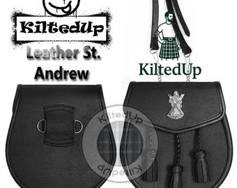 May include: Two black leather sporrans, traditional Scottish accessories. One sporran features a flap with a decorative metal emblem and three tassels. The other has a simple design with two metal loops. The text "KiltedUp" is visible.