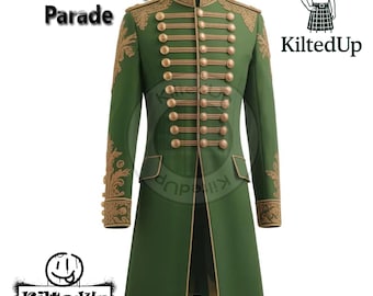 Green Steampunk Military Jacket – Men's Gothic Tailcoat w/ Gold Embroidery