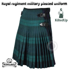 May include: A pleated kilt in a green and black plaid pattern with two black leather straps and buckles. The kilt has the text "Royal regiment military pleated uniform" at the top. The brand name "KiltedUp" is visible in the image.