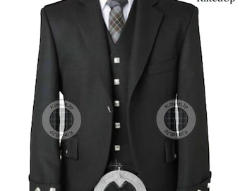 Herren Black Serge Wool Argyle Kilt Jacke & Weste-Handmade