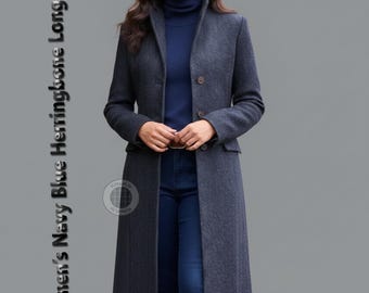 Pardessus en laine à chevrons bleu marine, manteau long tailleur