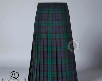May include: A pleated kilted skirt in a green and navy blue plaid pattern. The skirt has a traditional design with a flat front and pleated sides. The text "Scottish Plaid Kilted Skirt for Women" is at the top of the image.