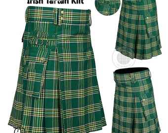 Può includere: Kilt irlandese verde con dettagli gialli e neri. Presenta un design a pieghe, chiusure con fibbia e una tasca. Il kilt è mostrato in più viste, mostrando i suoi dettagli e stile.