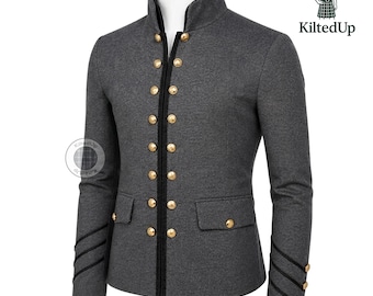 Graue Husaren Jacke Männer, Goldknopf Militär Blazer, Vintage Parade Uniform Mantel, Gothic Steampunk Blaskapelle Jacke, DrummerJacket
