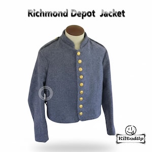 May include: A blue Richmond Depot Jacket with a mandarin collar and gold-colored buttons. The jacket has long sleeves and epaulets on the shoulders. The text "Richmond Depot Jacket" is at the top of the image.