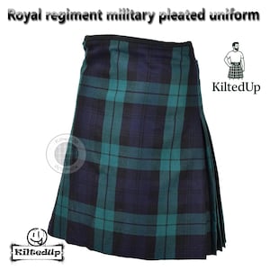 May include: A pleated kilt in a navy blue and teal plaid pattern. The kilt has a black waistband and is labeled "Royal regiment military pleated uniform" and "KiltedUp". The kilt is a traditional garment.