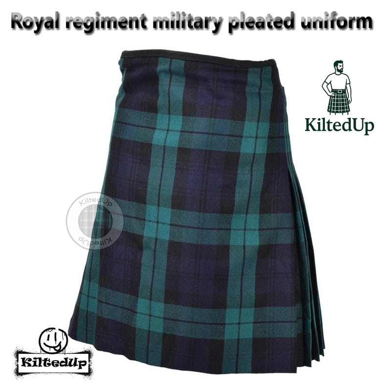 May include: A pleated kilt in a navy blue and teal plaid pattern. The kilt has a black waistband and is labeled "Royal regiment military pleated uniform" and "KiltedUp". The kilt is a traditional garment.