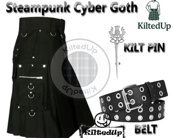 Goth Punk Kilt Kilt - Schwarzer Techwear Rock, Steampunk Rave Vibes
