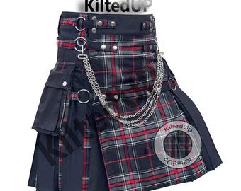 Men's Black Hybrid Utility Kilt: Tartan Apron, Pleated - 45+ Tartans