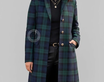 Grün Karierter Woll Maxi Mantel, Blackwatch Tartan Trench Mantel