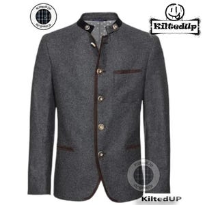 May include: A gray wool jacket with a mandarin collar, brown trim, and gold buttons. The jacket has a single chest pocket and is branded with the "KiltedUp" logo. A classic, tailored garment.